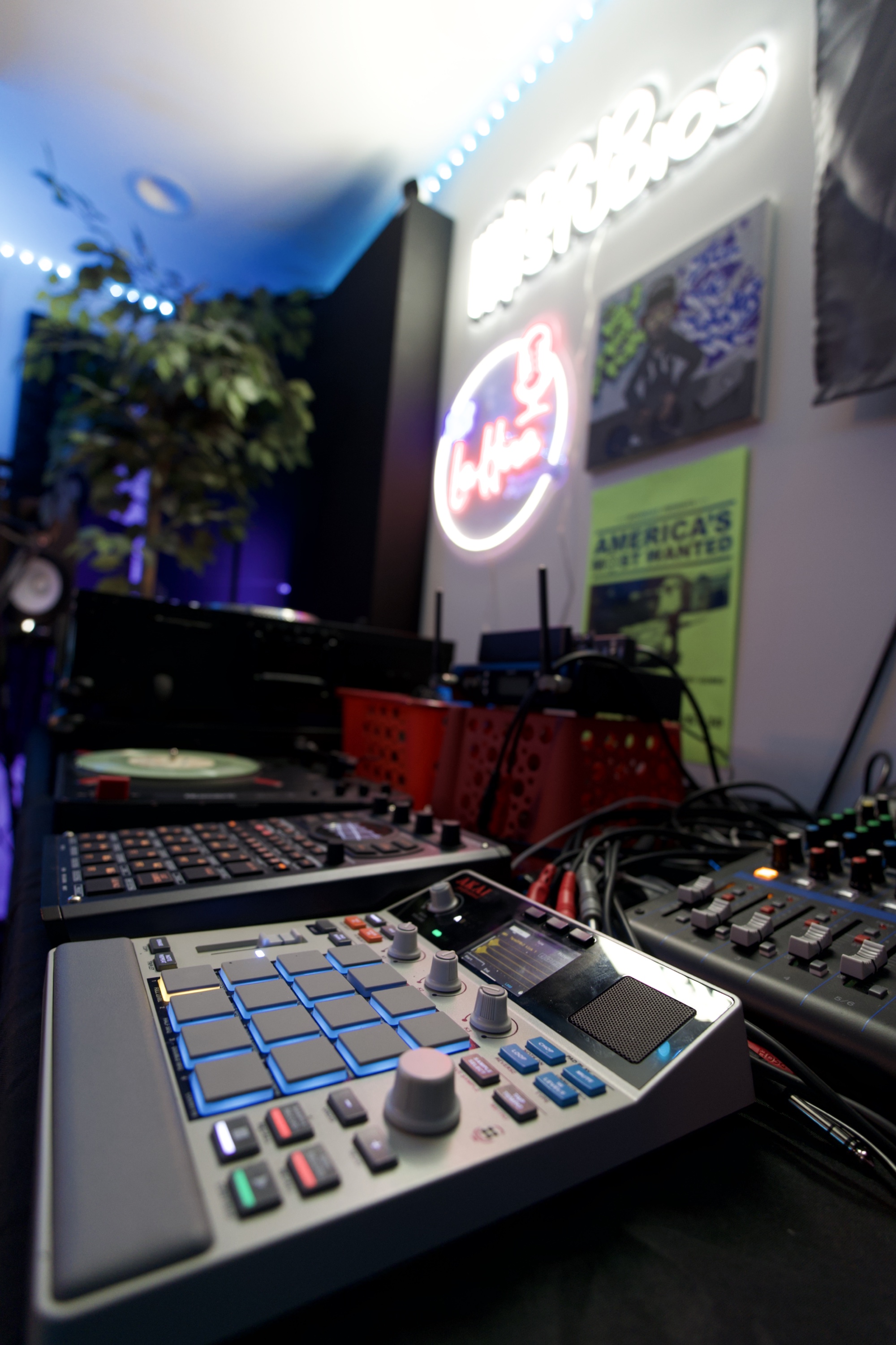 Production equipment and illuminated Dojo Studios wall inside the studio